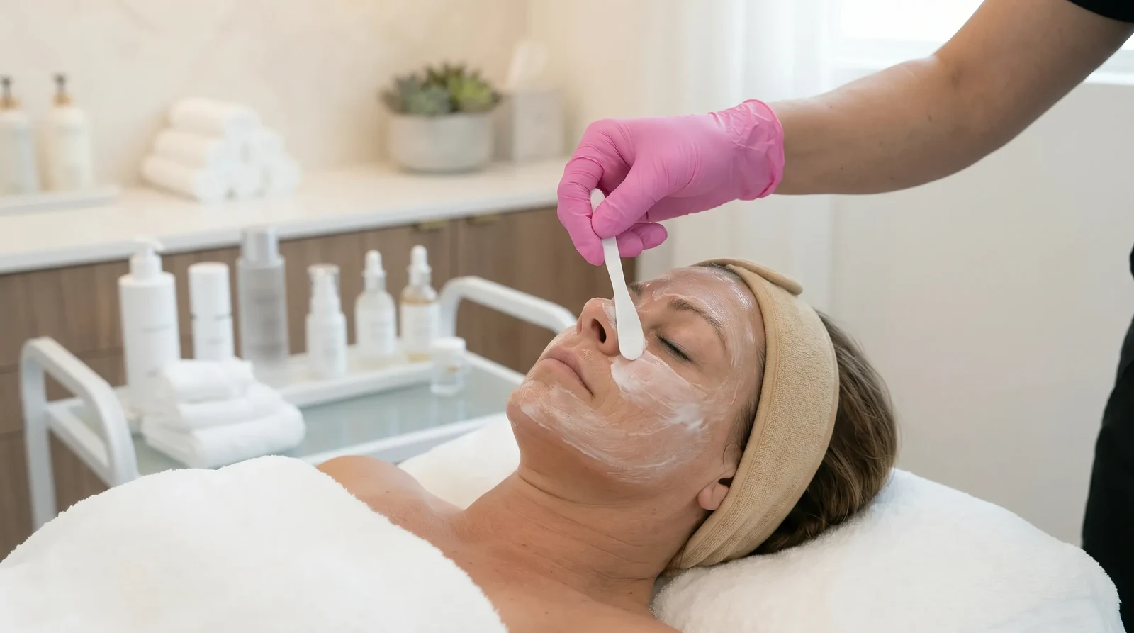 Patient reclining with topical numbing cream applied around the eyes at Victoria Rose Aesthetics