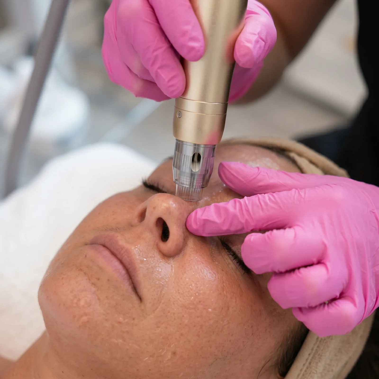 Sylfirm X pulsed-wave RF microneedling handpiece on the upper eyelid during treatment