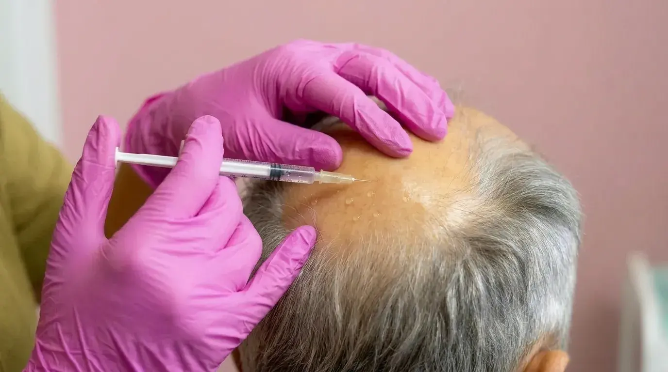 Two hands in bright pink gloves steady the scalp of a person with grey hair while a syringe needle is held just above the skin at the crown, with small drops of fluid on the scalp against a pink wall