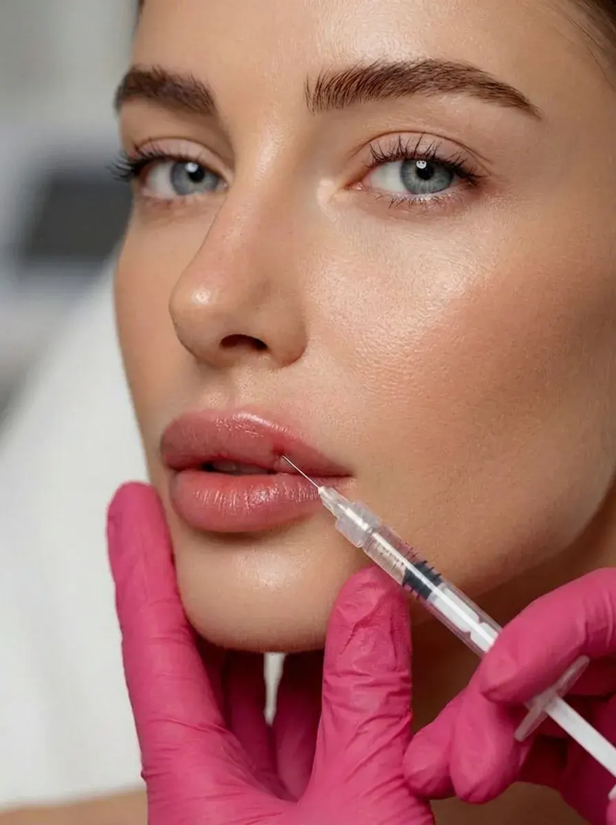Close-up of a woman with grey-blue eyes and light brown hair as a pink-gloved hand supports her chin and the other holds a syringe with the needle at her upper lip